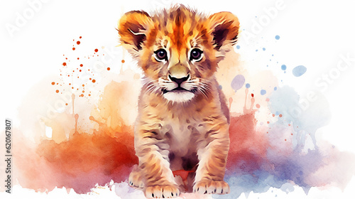 Cute watercolor baby lion illustration . Generative AI © Aura