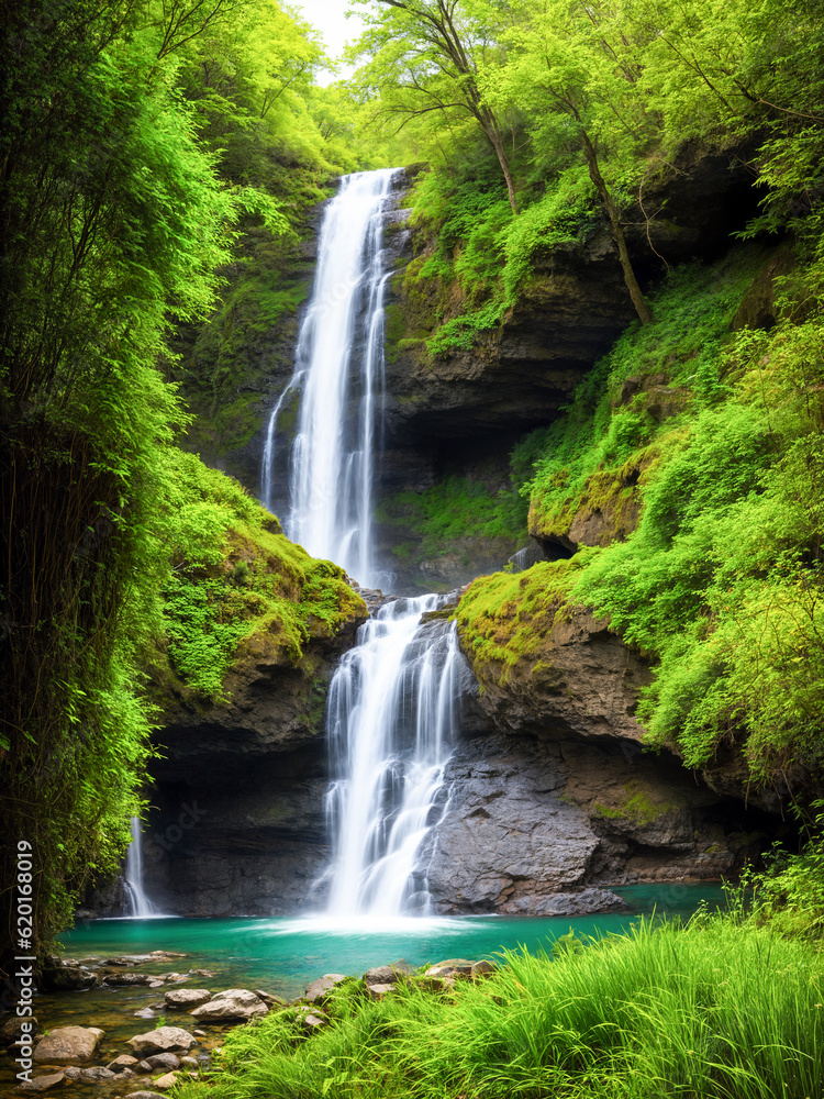 Waterfall in green summer forest.Landscape scenery.Digital creative designer.AI illustration