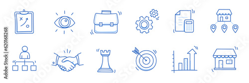 Business sme doodle icon set. Small, medium enterprise business hand drawn doodle sketch style icon. Local partnership, economic strategy, franchise concept. Vector illustration.