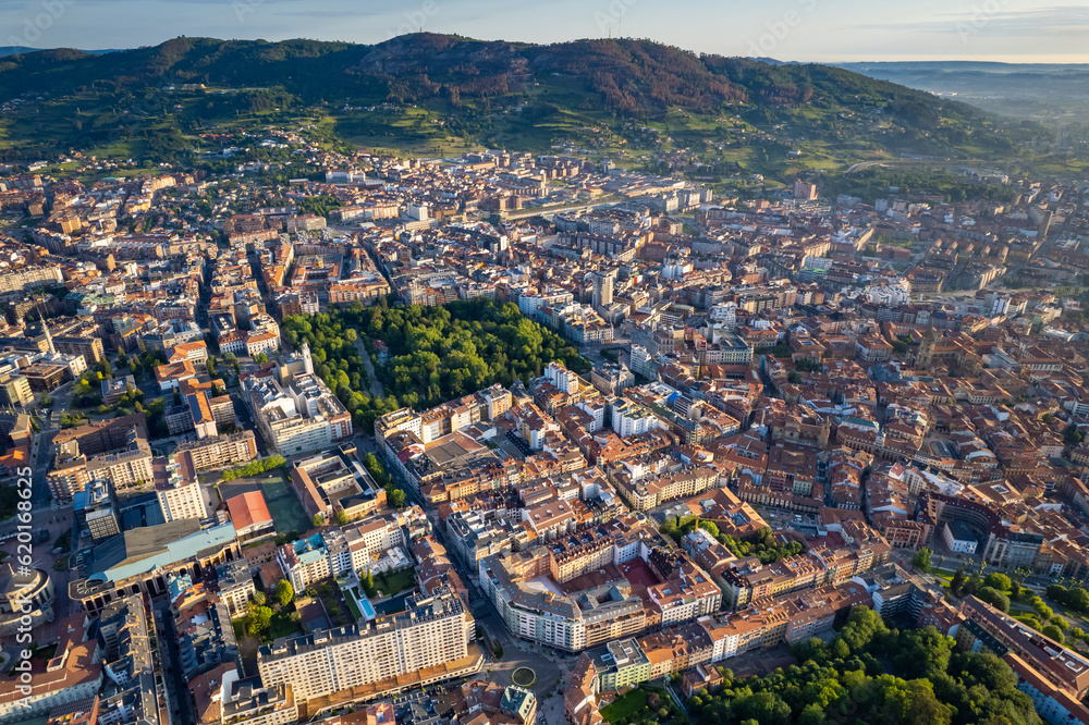 Fototapeta premium Oviedo, Spain - Aerial view of the Spanish city of Oviedo at sunrise during summer