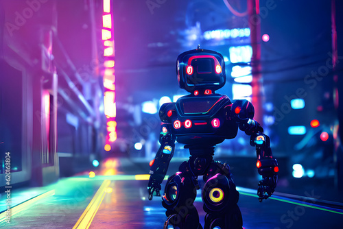 Glowing Future: Striking Image of a Robot with Neon Lighting Street With Abstract Cyberpunk Digital Background In Digital Virtual reality Generated Ai
