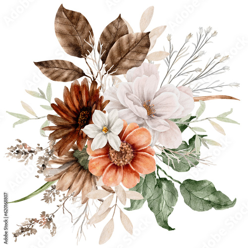Autumn Flower and Leaves Bouquet Watercolor