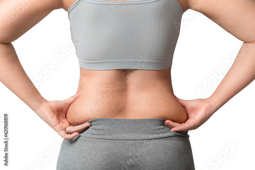 Bild auf Leinwand Chubby woman hand holding belly fat, Woman diet lifestyle concept,  Isolate on white background