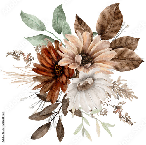 Autumn Flower and Leaves Bouquet Watercolor photo