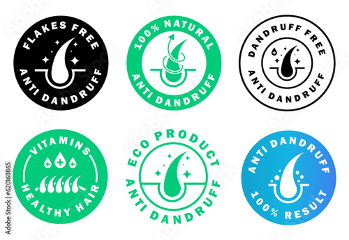 Anti-dandruff vector labels for shampoo. Hair care vector signs.