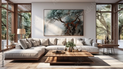 The modern interior design of the living room with a gray sofa and wooden coffee table.