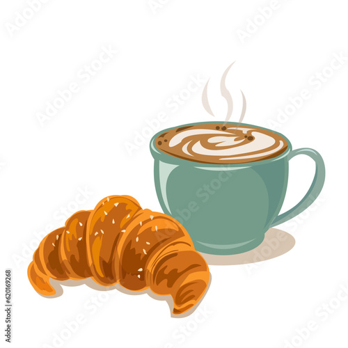 A cup of coffee latte and croissant vector isolated