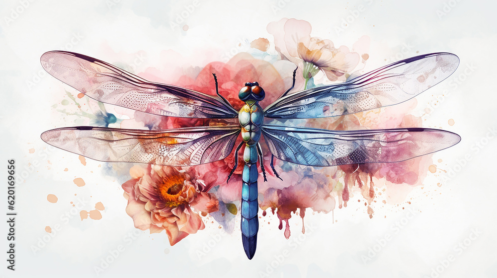 Watercolor dragonfly botanical illustration.  - obrazy, fototapety, plakaty 