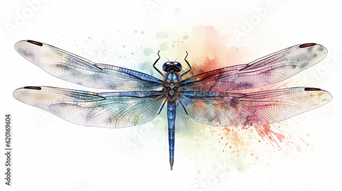 Watercolor dragonfly botanical illustration. 