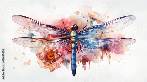 Watercolor dragonfly botanical illustration.  photo