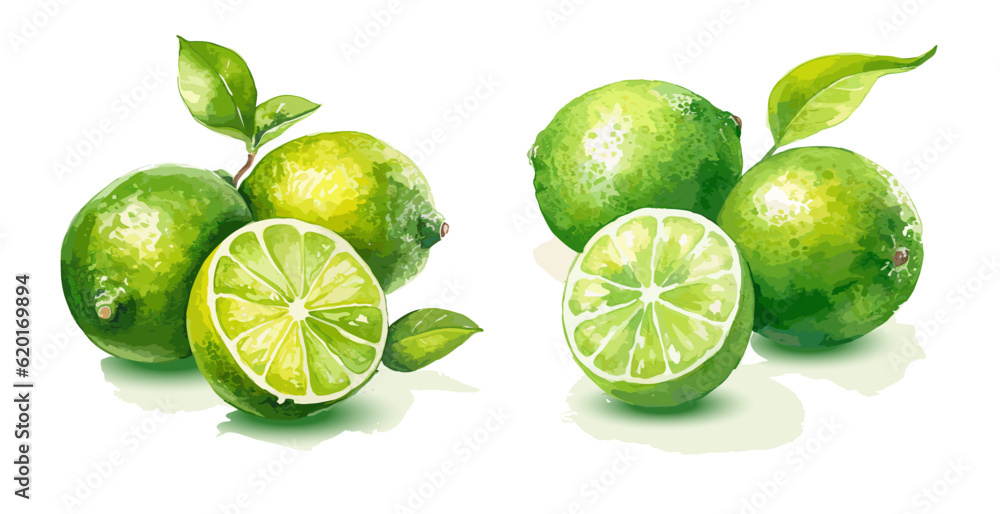 Lime, watercolor painting style illustration. Vector set.