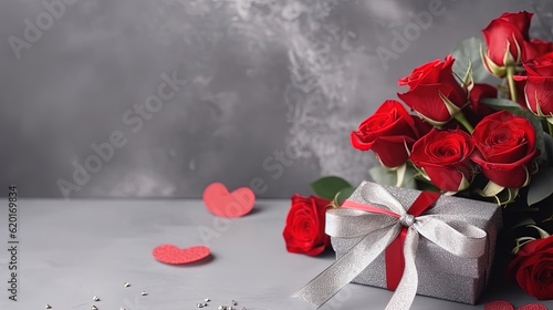 Valentines day marry me wedding engagement ring in box with red roses bouquet and ribbon heart shape gift surprise on grey background with copyspace. Love gift woman making proposal romantic holiday