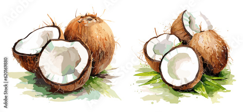 Coconuts, watercolor painting style illustration. Vector set.