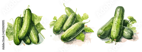 Cucumber, watercolor painting style illustration. Vector set.