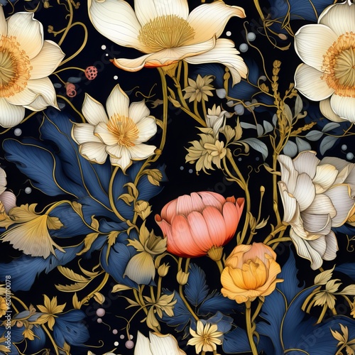 seamless texture of a painting of flowers on a black background