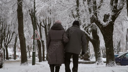 Elderly couple walk down the street in winter. An old man and woman are walking along a snowy road. Pensioners walk in winter. Cold winter day. Walks in the open air. Love.