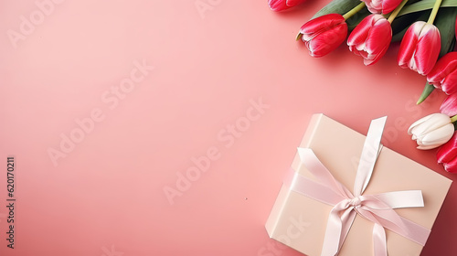 Valentines day mothers day background. Spring white tulip flower, gift box with red ribbon on flat lay pink background. Top view wedding love minimal concept