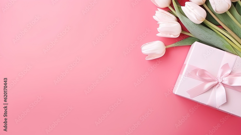 Valentines day mothers day background. Spring white tulip flower, gift box with red ribbon on flat lay pink background. Top view wedding love minimal concept