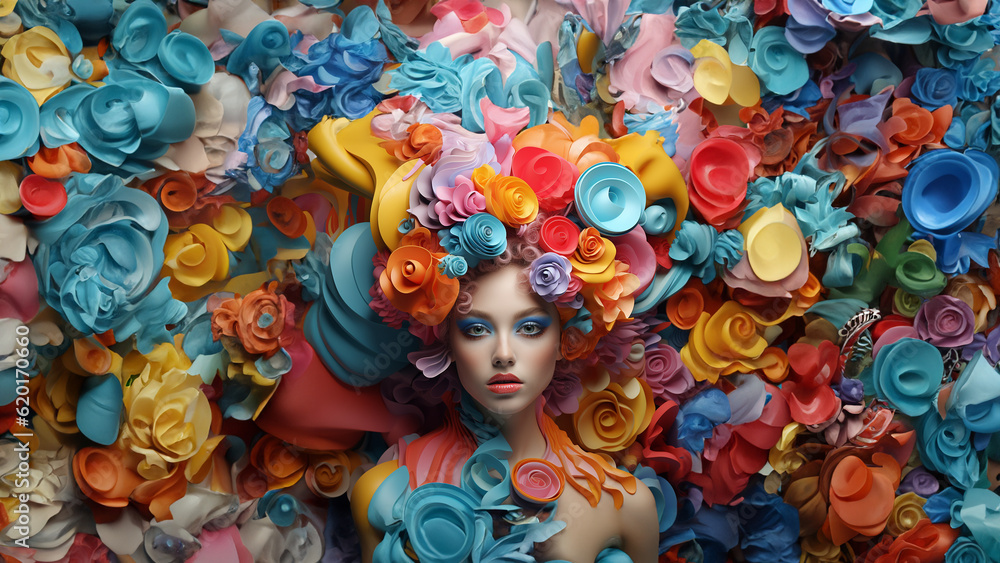 Wunderschönes Frauen Gesicht mit fantastischen bunten Blumen als Haar und im Hintergrund dekoriert Nahaufnahme, ai generativ