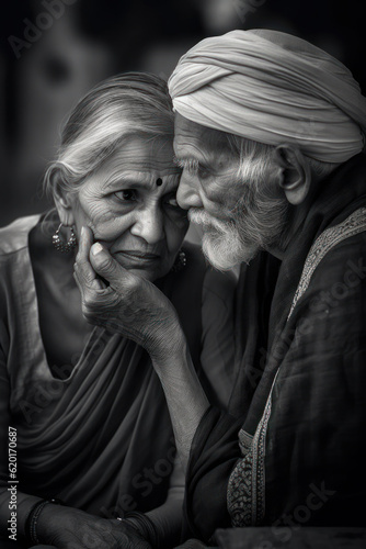 Gesture of love between two elderly Hindu people in traditional clothes