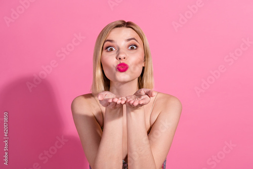 Photo of pretty cute lady send air kiss to boyfriend on valentine day party isolated on pastel color background