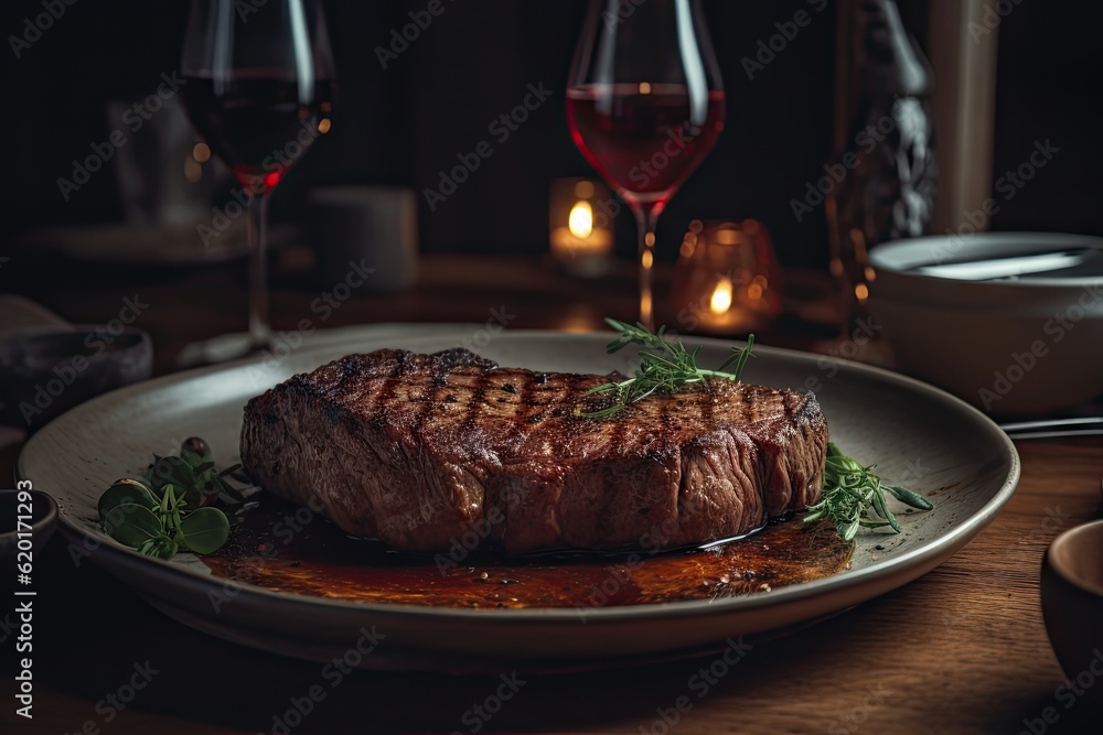 Gourmet Grilled Steak. Closeup on Beef Meat Plated to Perfection with Blur Background Gourmet Grilled Steak. Closeup on Beef Meat Plated to Perfection with Blur Background