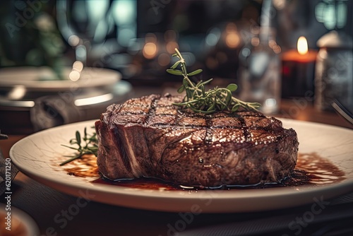 Gourmet Grilled Steak. Closeup on Beef Meat Plated to Perfection with Blur Background