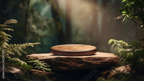 Podium pedestal in tropical forest garden green plant. Nature and Organic cosmetic and food presentation theme. Natural product present placement display, spring summer concept. Generative AI photo