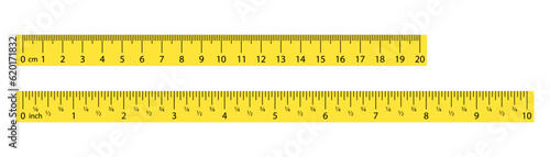 Yellow metric ruler. Inch ruler icon. Cm and inch ruler. Yellow scale grid in line. Metric and inch scale. Stock vector photo
