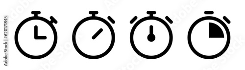 Stopwatch icons set. Timer symbol. Outline stopwatch icon. Alarm pictogram. Transparent stopwatch in line. Timer icon in vector