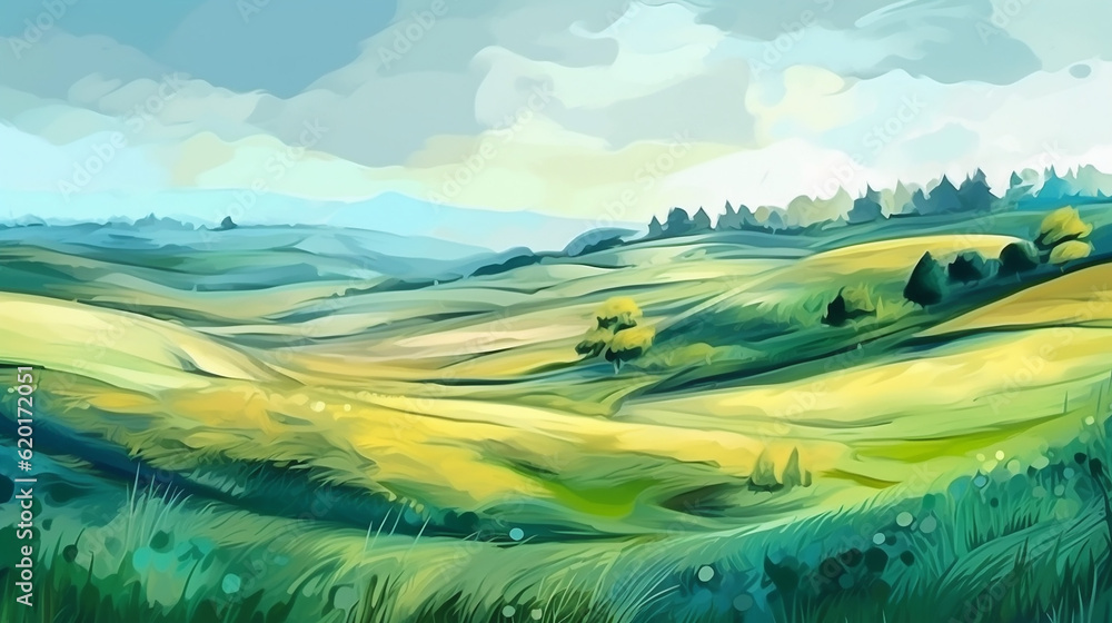 A drawing field of lush grass on gentle slopes. 