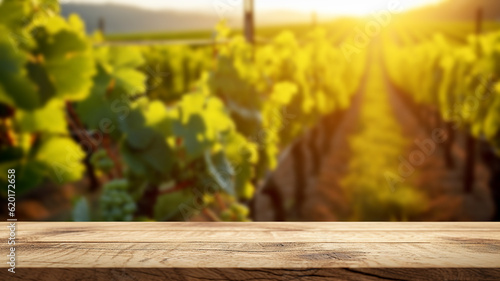 Empty wooden table top against a blurred vineyard during a beautiful sunset.