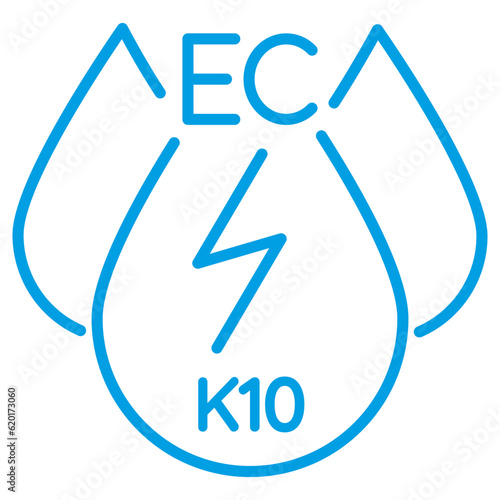 Water Electrical Conductivity EC, k10 calibration. Liquid drop outline pictogram with lightning sign and text. Simple modern linear vector icon with thin lines, isolated on transparent background