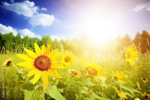 Sunflowers in sunlight close-up summer background. Ai generated