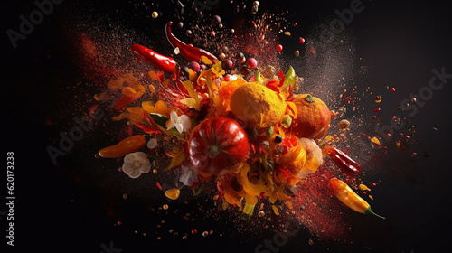 Explosion of spices against a dark background.  photo
