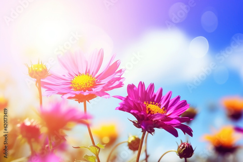 Wildflowers in sunlight close-up summer background. Ai generated