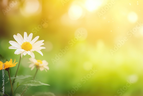 Flower meadow with daisies in sunlight close-up summer background. Ai generated