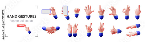 Collection of 3d hand gestures isolated on white background.