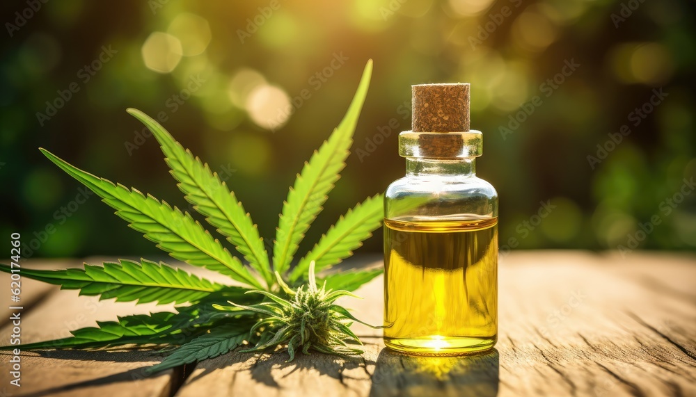 Medical cannabis cbd oil in glass bottle and leafs Medical cannabis cbd oil in glass bottle and leafs