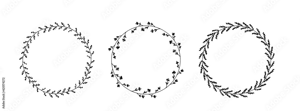 Set of hand drawn circle frame of flowers . Doodle vector illustration round plants, herbs for wedding design, logo and greeting card. Isolated on white Set of hand drawn circle frame of flowers . Doodle vector illustration round plants, herbs for wedding design, logo and greeting card. Isolated on white