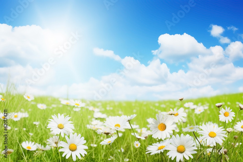 Flower meadow with daisies in sunlight close-up summer background. Ai generated