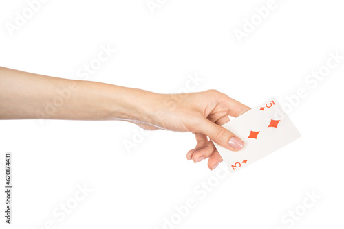 Playing cards in hand isolated on white background