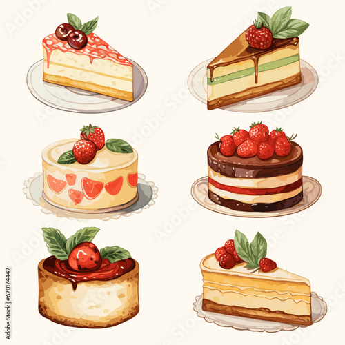 set of watercolor cakes vectors