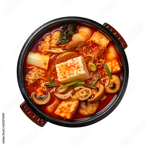 Budae jjigae from korea, served hot and delicious with transparent background, png food