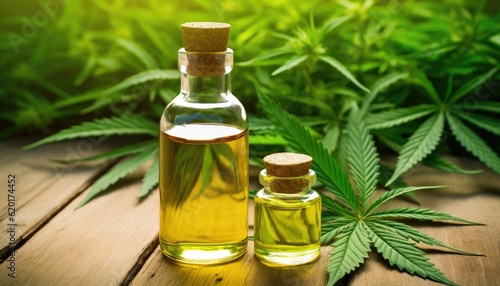 Medical cannabis cbd oil in glass bottle and leafs