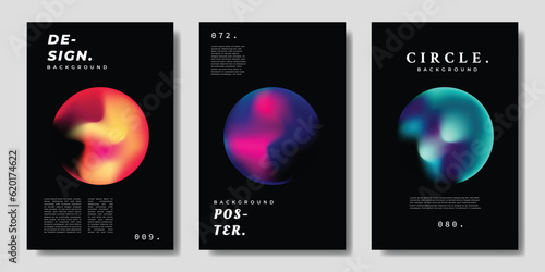 Colorful fluid circle background template copy space set. Dark planetary or outer space themed backdrop design for poster, banner, magazine, cover, booklet, or leaflet.