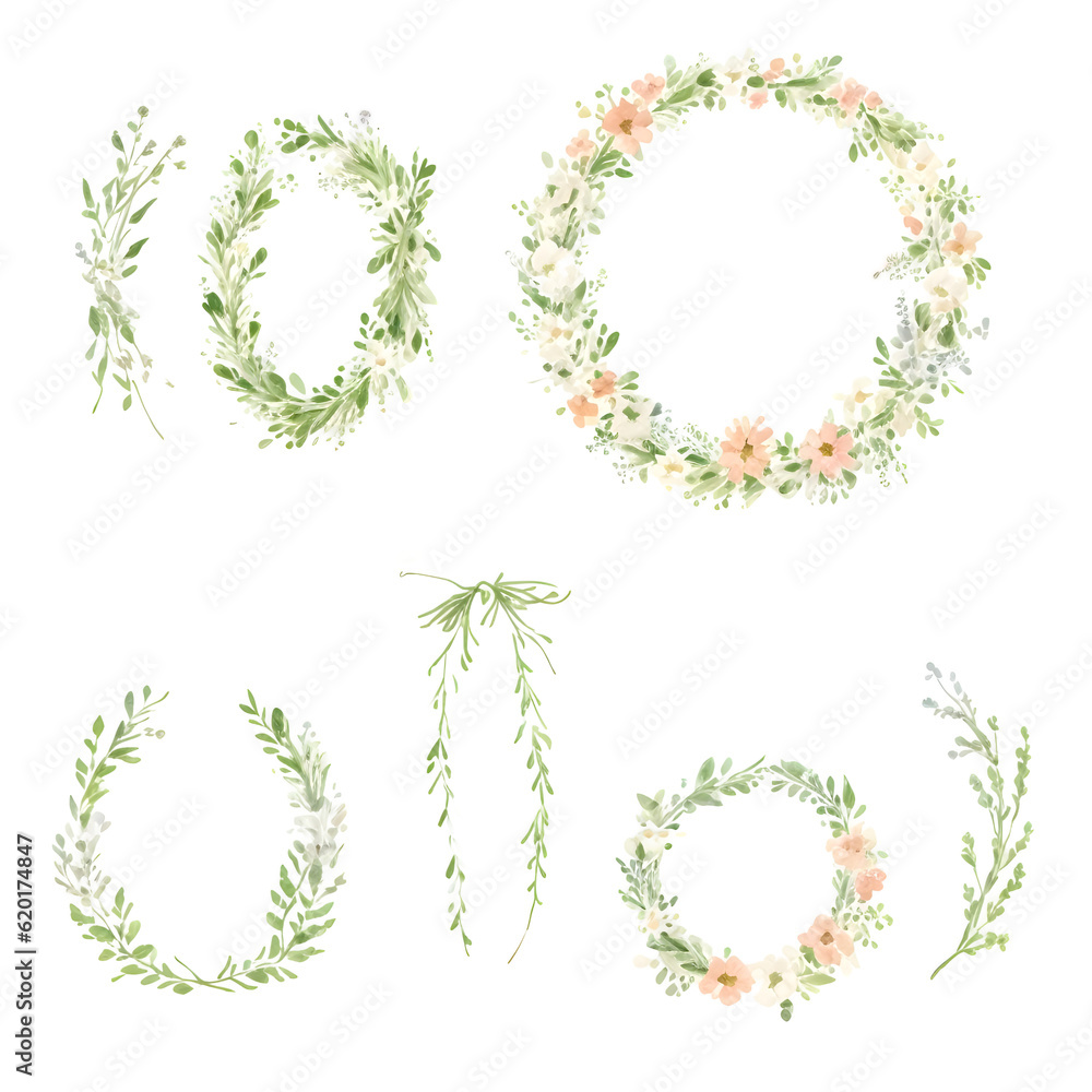 Set of watercolor flowers garland on transparent background,generative ai