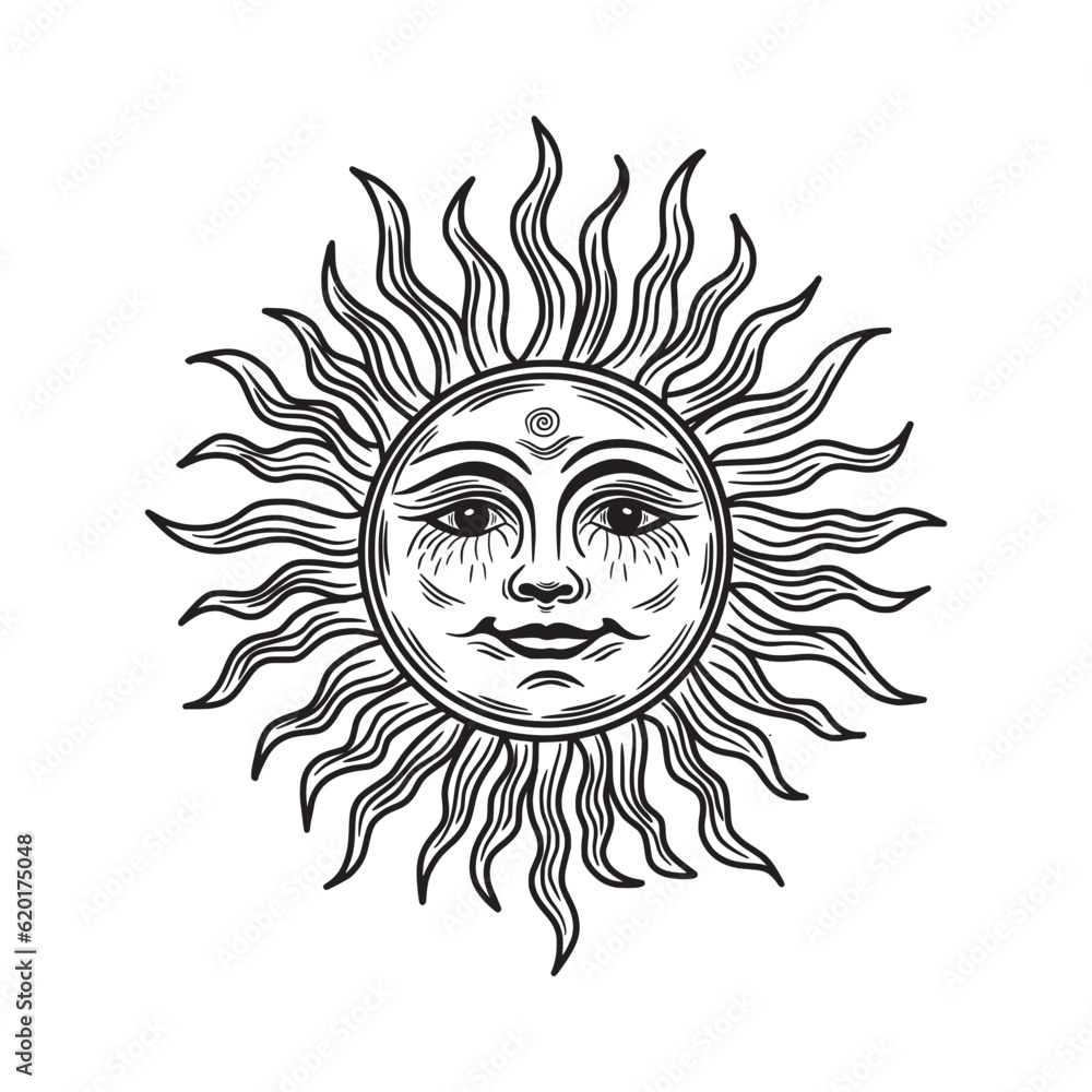 Sun with a face. hand drawing style, engraving illustration Sun with a face. hand drawing style, engraving illustration