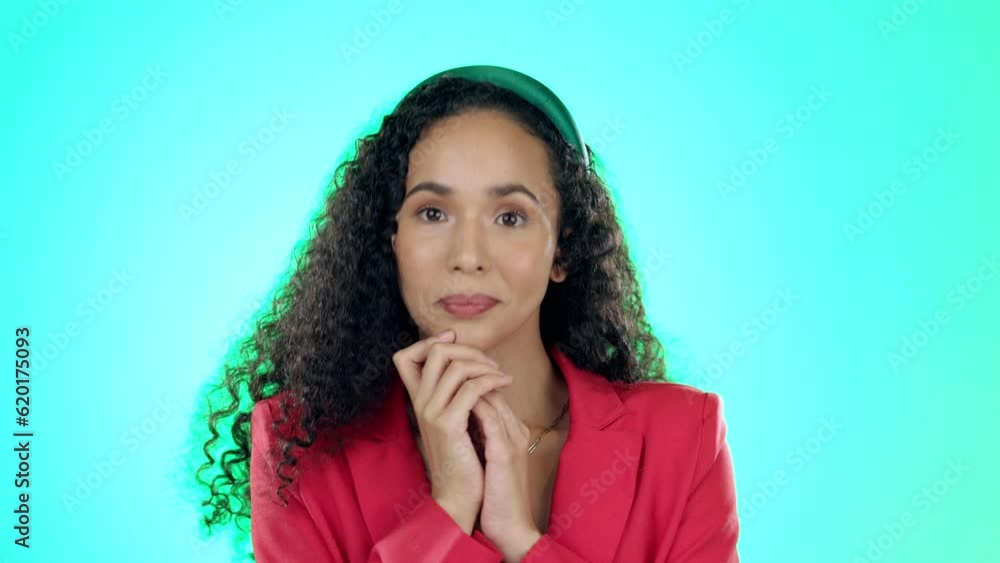 Shy, beautiful and face of a woman on a blue background with happiness, blushing and nervous. Smile, cute and the portrait of a young girl looking anxious and isolated on a studio backdrop with space Shy, beautiful and face of a woman on a blue background with happiness, blushing and nervous. Smile, cute and the portrait of a young girl looking anxious and isolated on a studio backdrop with space