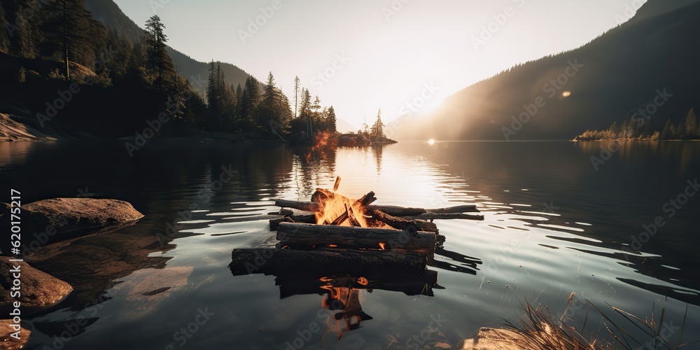 AI Generated. AI Generative. Outdoor nature wild landscape bonfire campfire camp flame relax chill lake beach side. Adventure trip relax vibe. Graphic Art